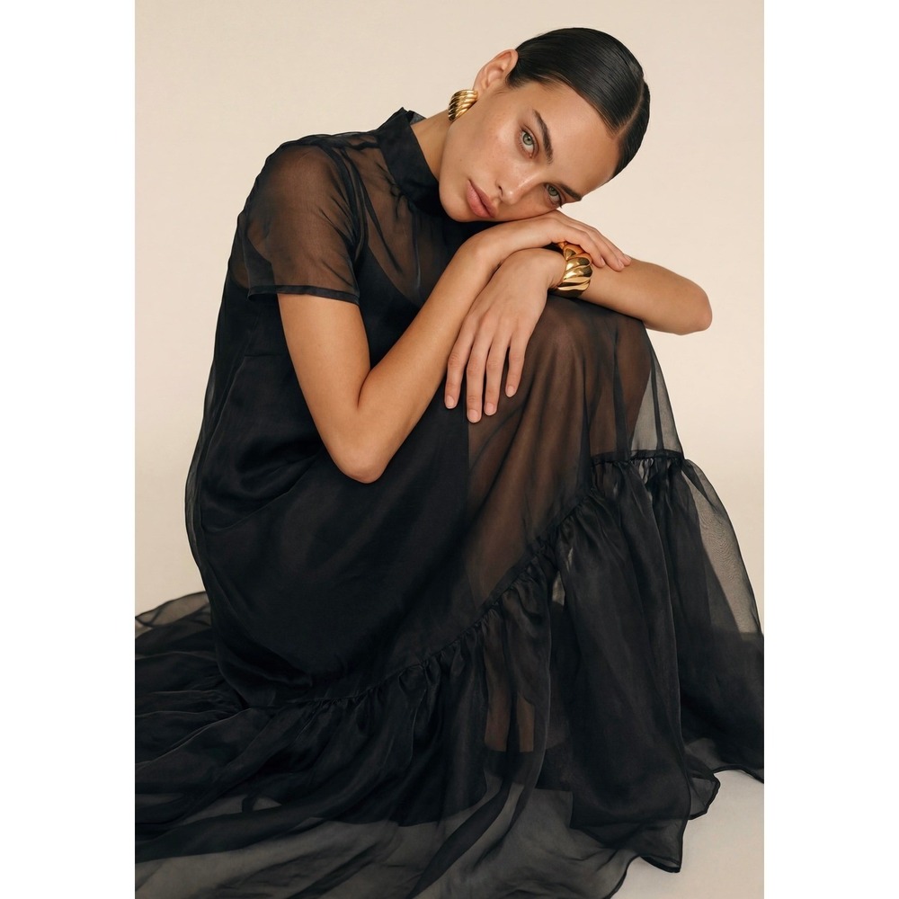 NWT CAARA Melody High Neck Organza Tie Neck Tiered Hem Dress Black - Size Large - Picture 4 of 12